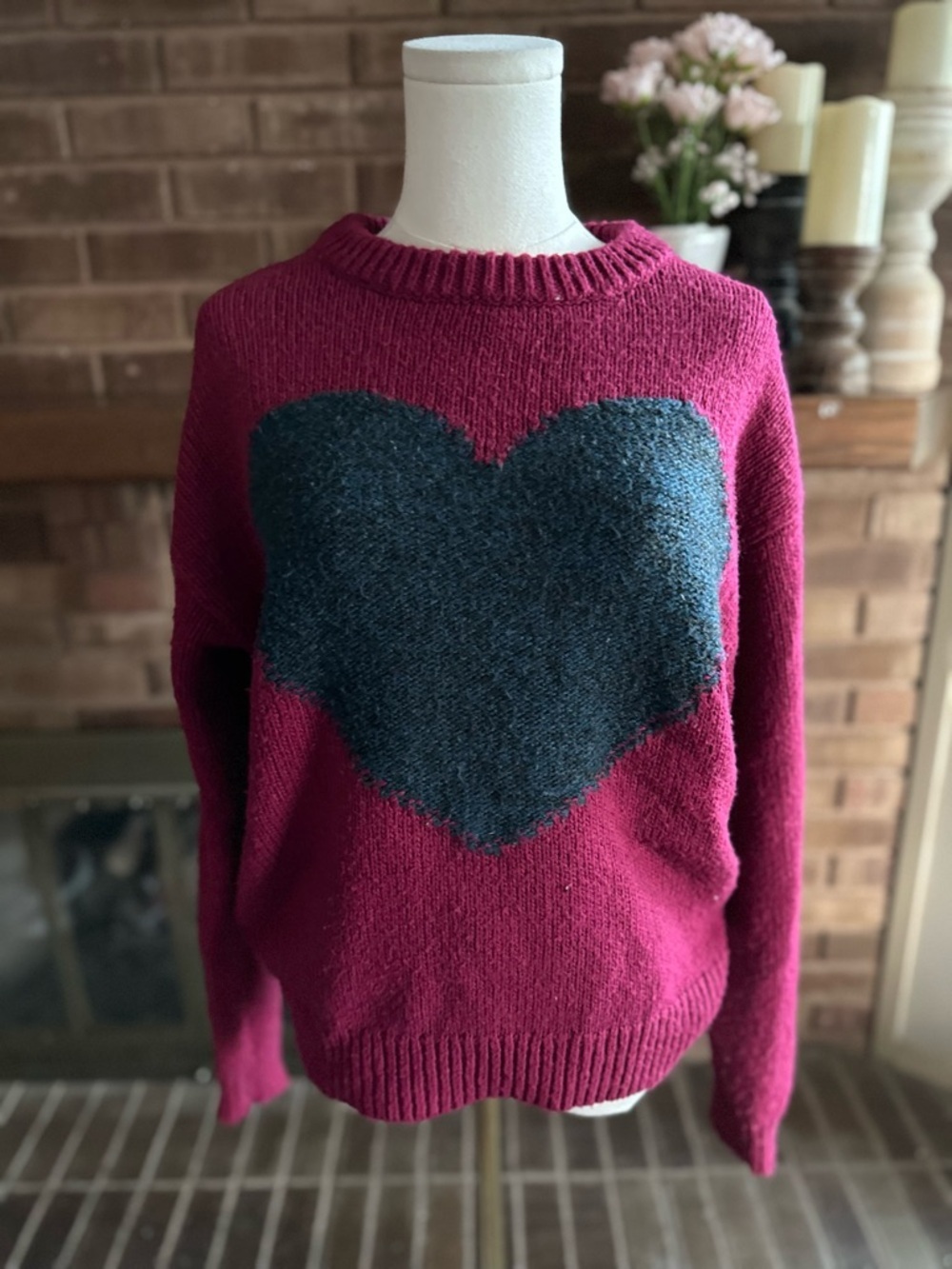 Sundance Magenta Berry Cotton Linen Heart Patch Sweater Size Small
